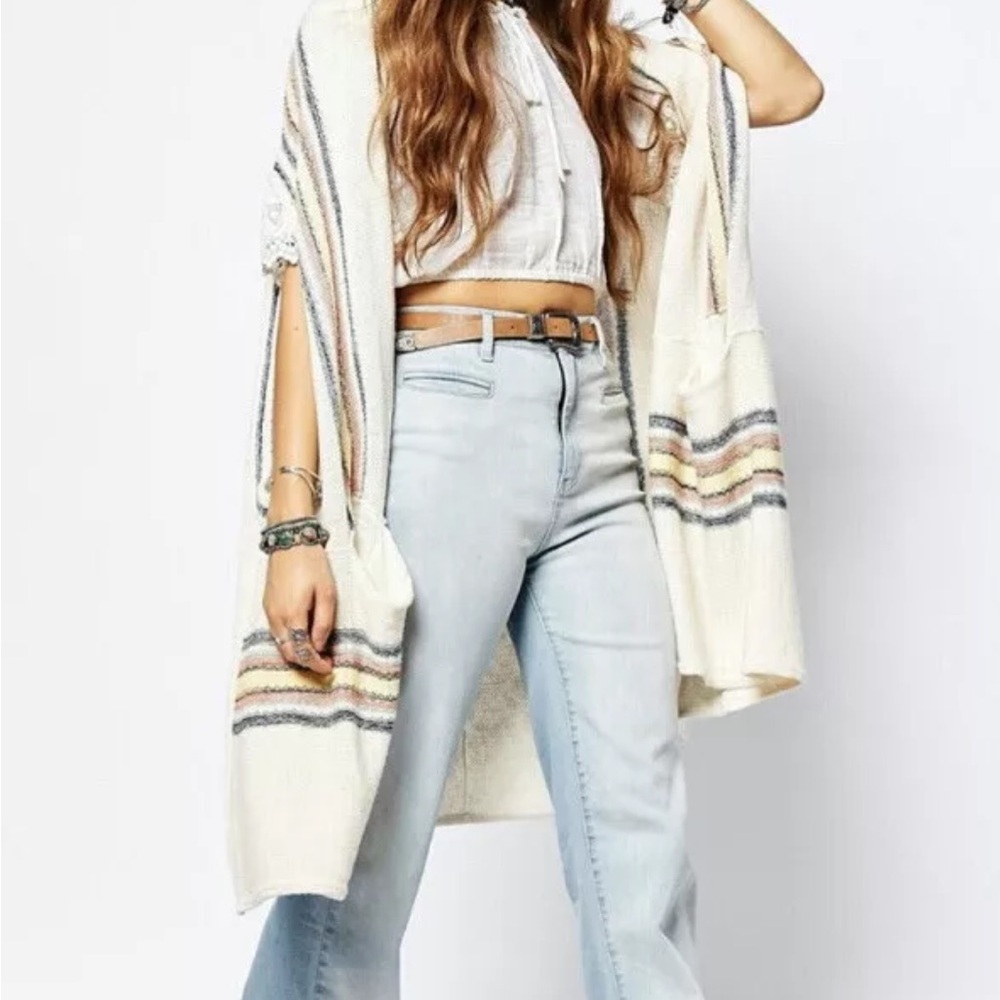Free People Deck‎ Chair Knit Sweater Kimono Striped Cardigan with Pockets S